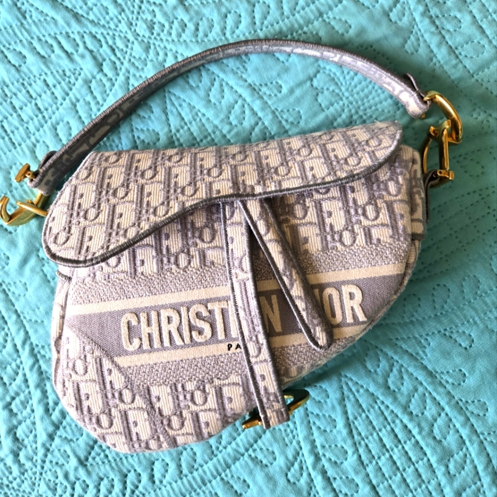 Dior Gray Shoulder Bag with Monogram Pattern and Gold Accents